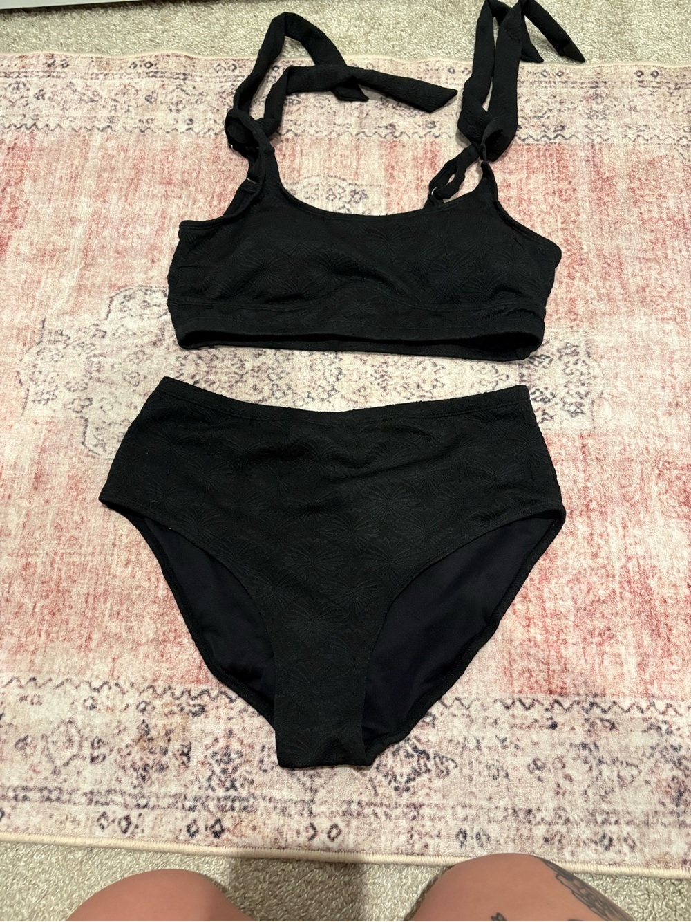 Black Textured Tie-Shoulder Bikini Set